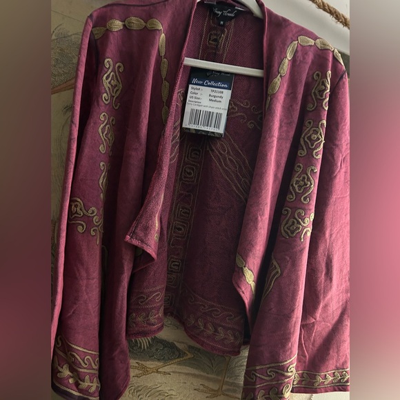 New Young Threads Open Front Waterfall Hemline Burgundy Cardigan SZ Medium - Picture 2 of 10